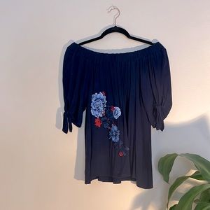 Pebble and Stone off the shoulder summer top with embroidery detail tied sleeves